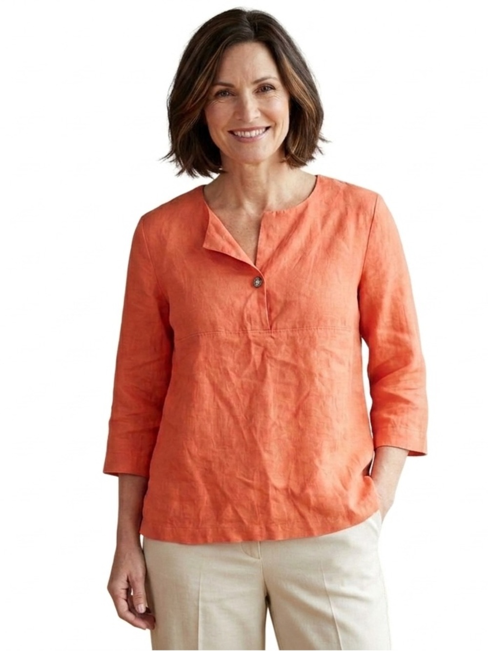 Coldwater Creek 100% Linen Blouse Vibrant Orange pop over Laggen look dopamine